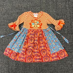 Jessica Ann Girls Festive Thanksgiving Turkey Patchwork Applique Fall Dress 4